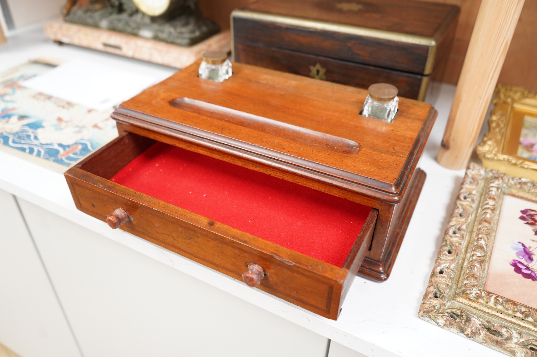 A Victorian brass bound rosewood jewellery box together with a mahogany desk stand with two inkwells, largest 30cm wide